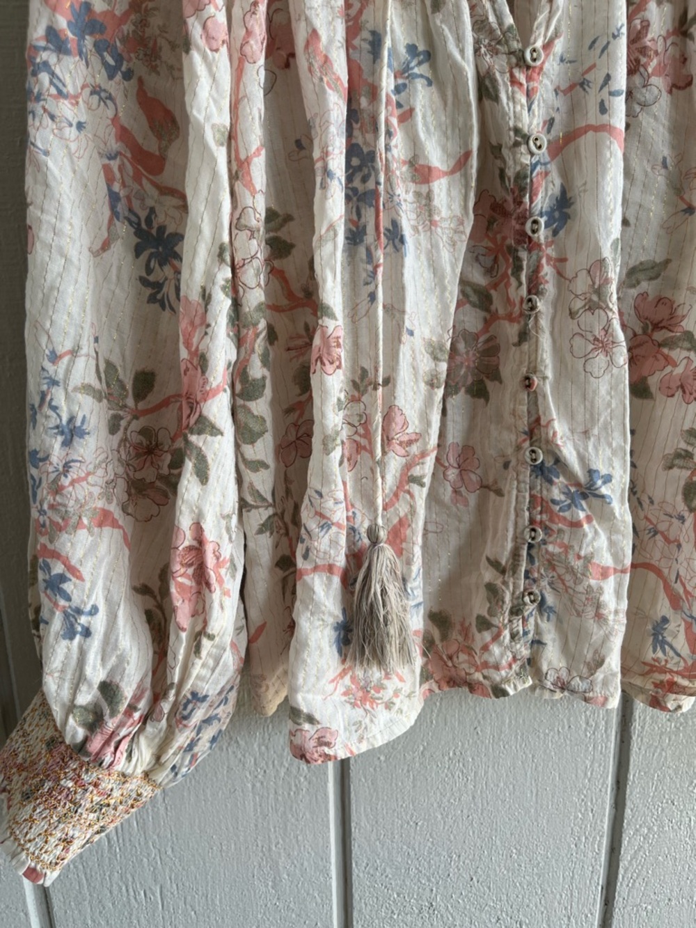Anthropologie Viscose Long Sleeve Smocked Lurex Top Floral Print Tassels Size M - Picture 5 of 10